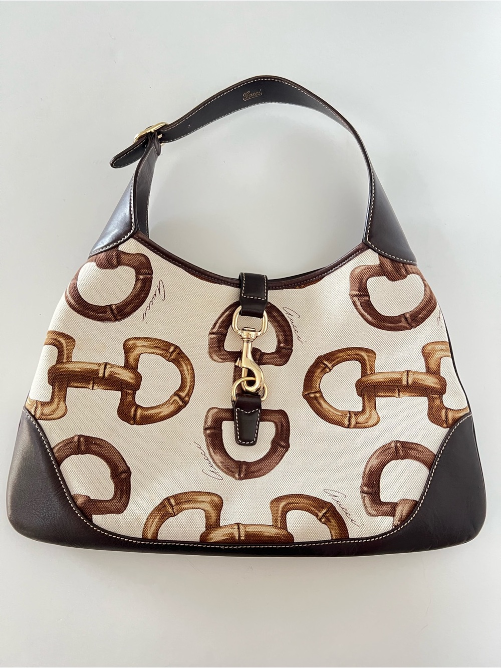 Gucci Jackie O Vintage Horsebit Bamboo Print Canvas Leather Bag